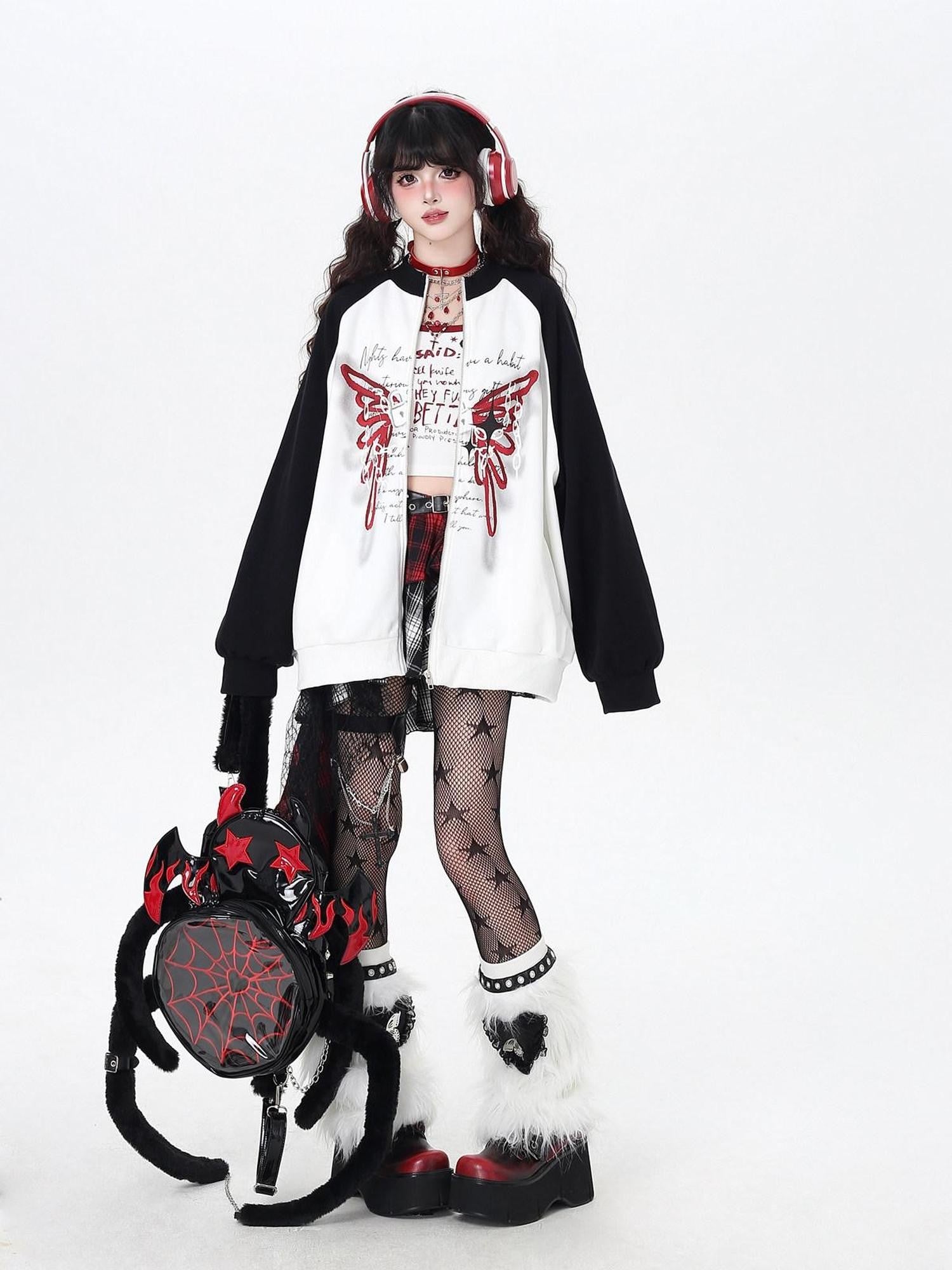 CRAZYGIRL Rose Butterfly Embroidery High Neck Black White Contrast Women's Casual Jackets