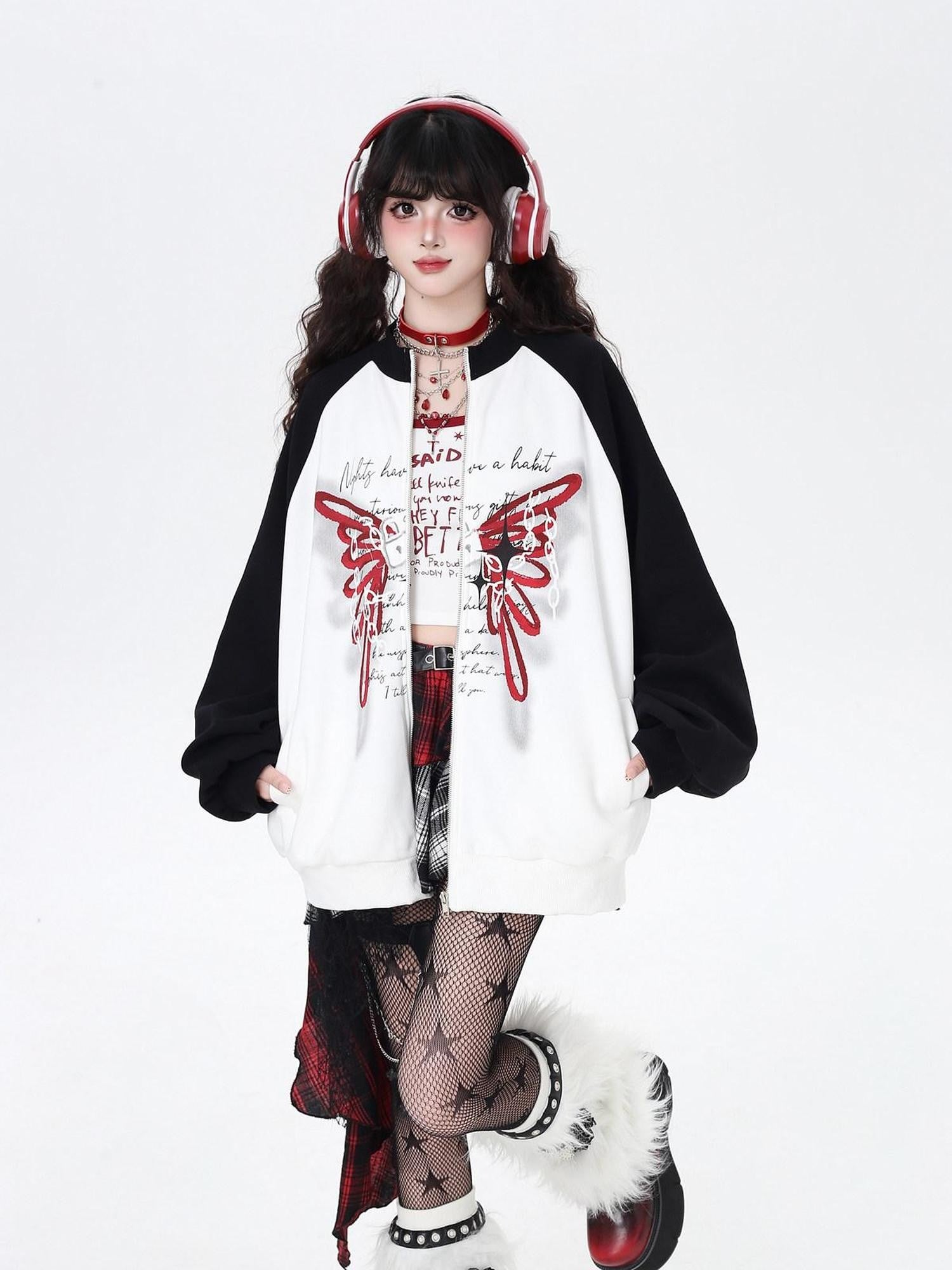 CRAZYGIRL Rose Butterfly Embroidery High Neck Black White Contrast Women's Casual Jackets