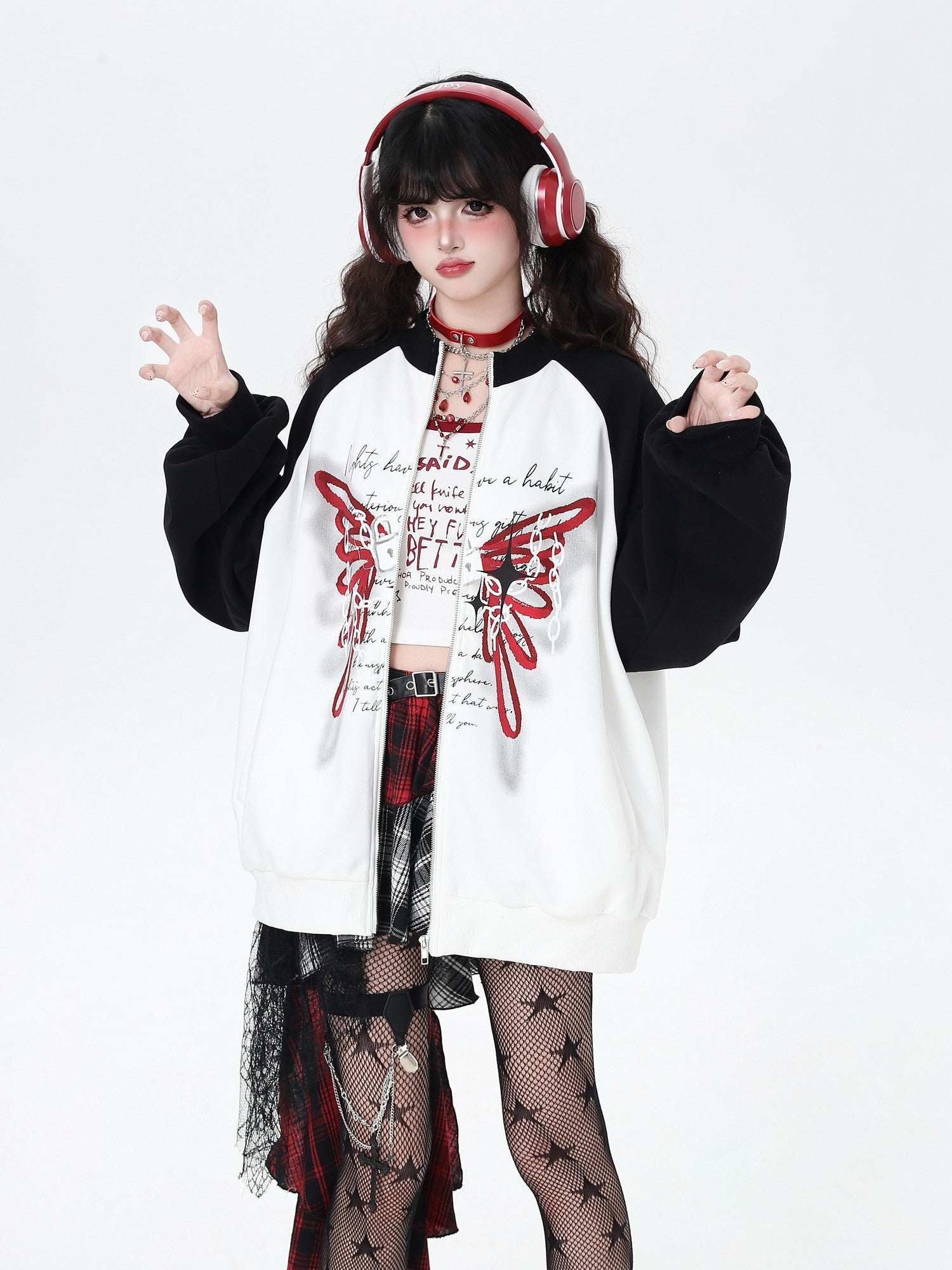 CRAZYGIRL Rose Butterfly Embroidery High Neck Black White Contrast Women's Casual Jackets