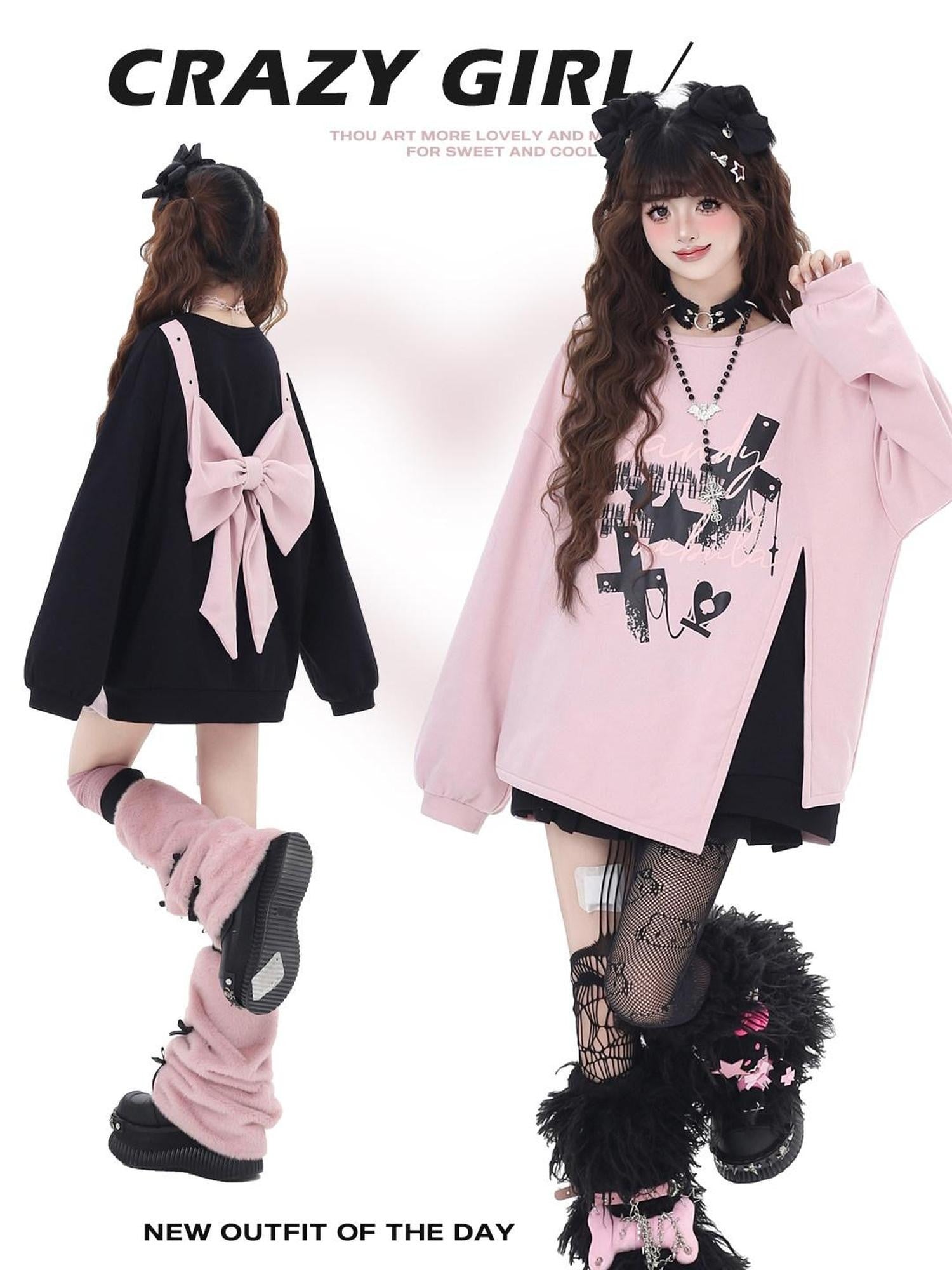 CRAZYGIRL Sakura Bow Crewneck Loose Mid Length Women's Other Material Sweatshirts
