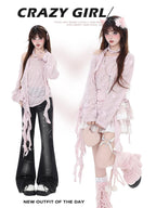 CRAZYGIRL Sakura Pink 3d Butterfly Knit Coverup Korean Women's Long Sleeve T-shirts