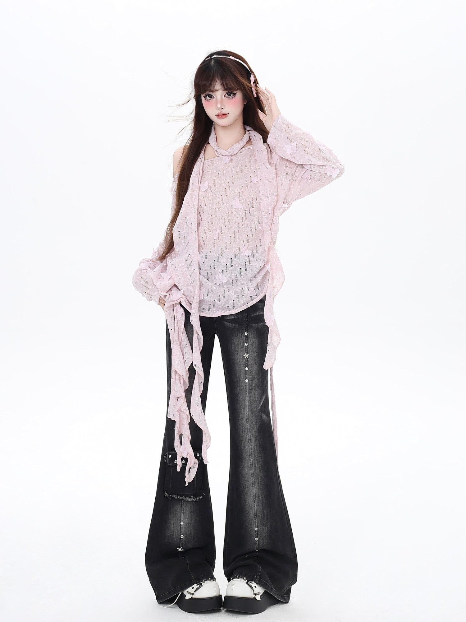 CRAZYGIRL Sakura Pink 3d Butterfly Knit Coverup Korean Women's Long Sleeve T-shirts