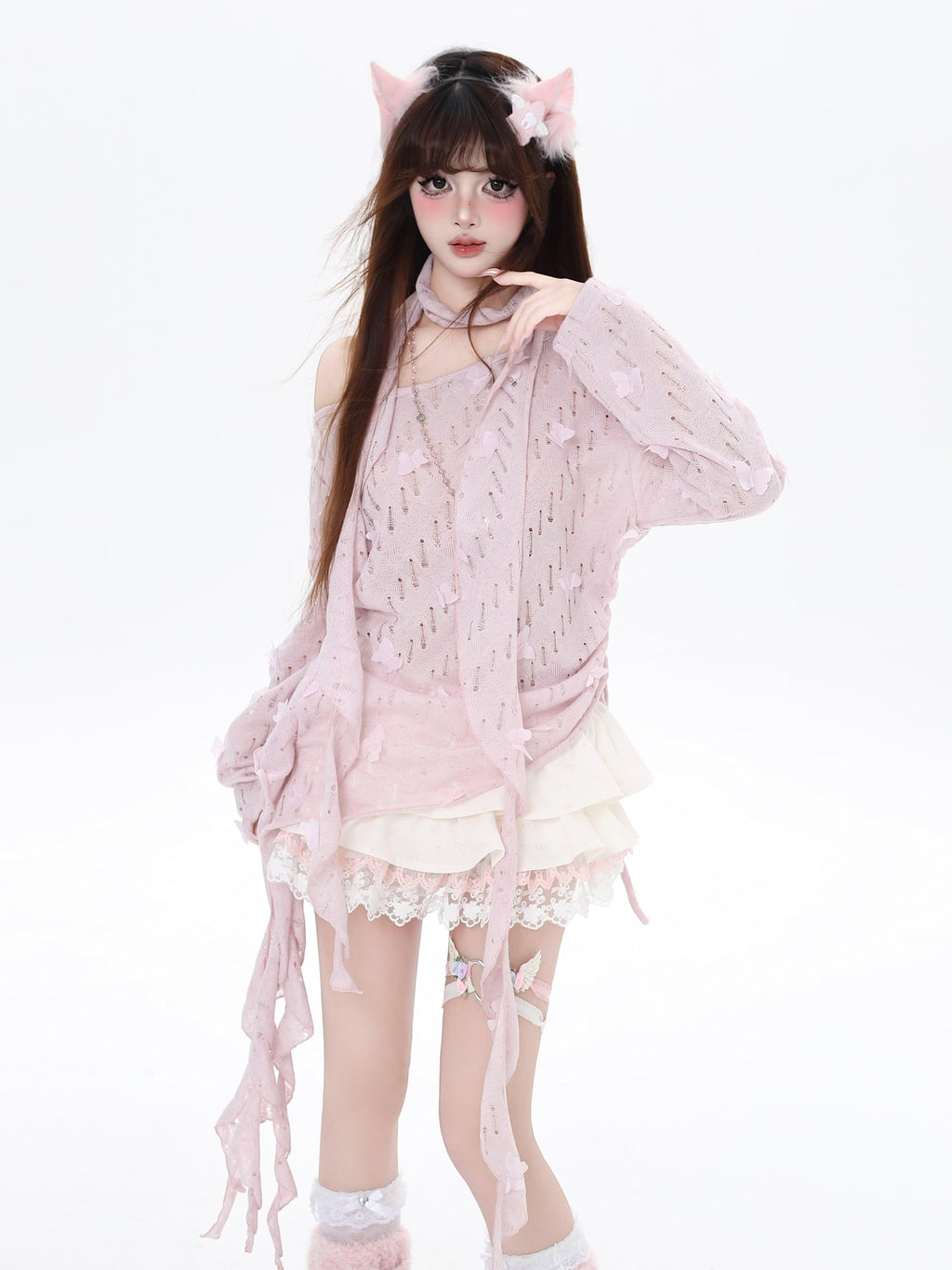 CRAZYGIRL Sakura Pink 3d Butterfly Knit Coverup Korean Women's Long Sleeve T-shirts