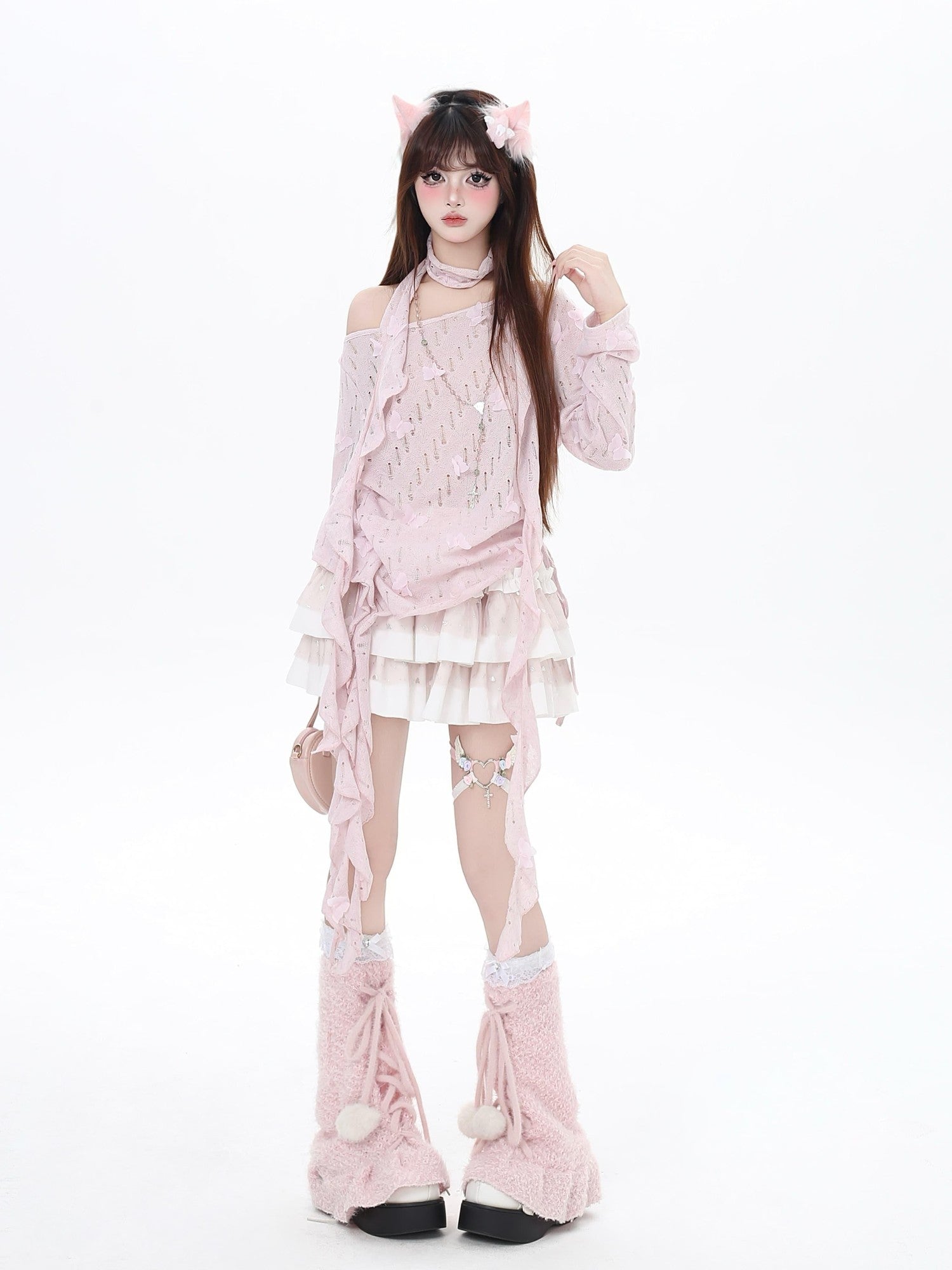 CRAZYGIRL Sakura Pink 3d Butterfly Knit Coverup Korean Women's Long Sleeve T-shirts