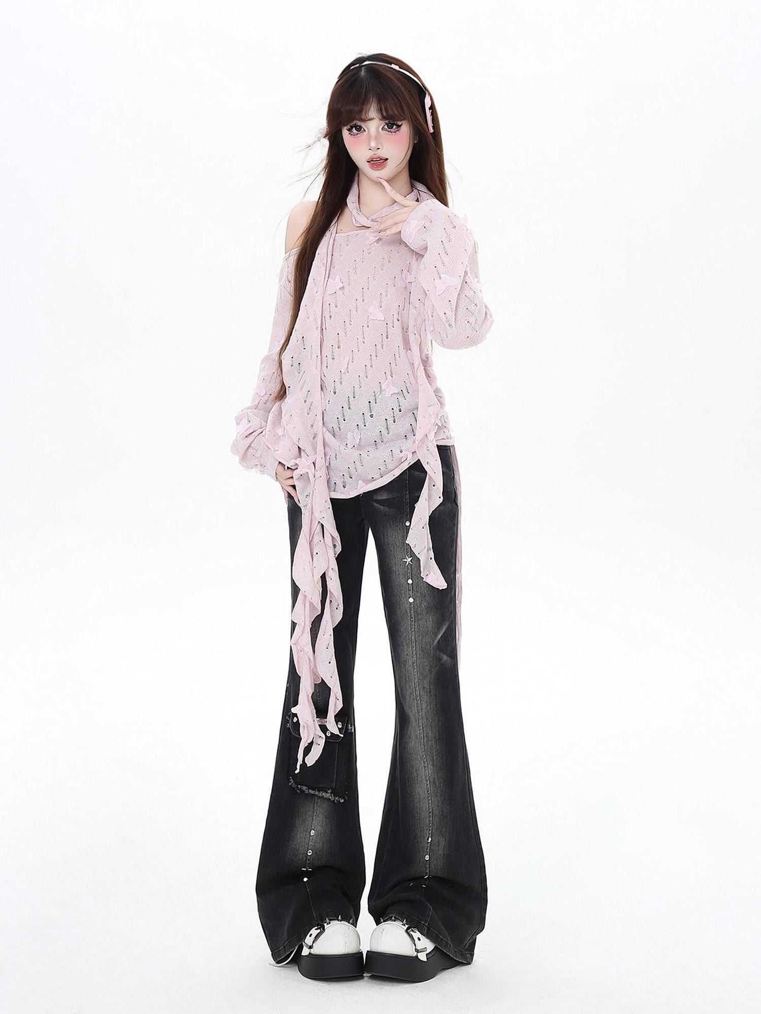 CRAZYGIRL Sakura Pink 3d Butterfly Knit Coverup Korean Women's Long Sleeve T-shirts