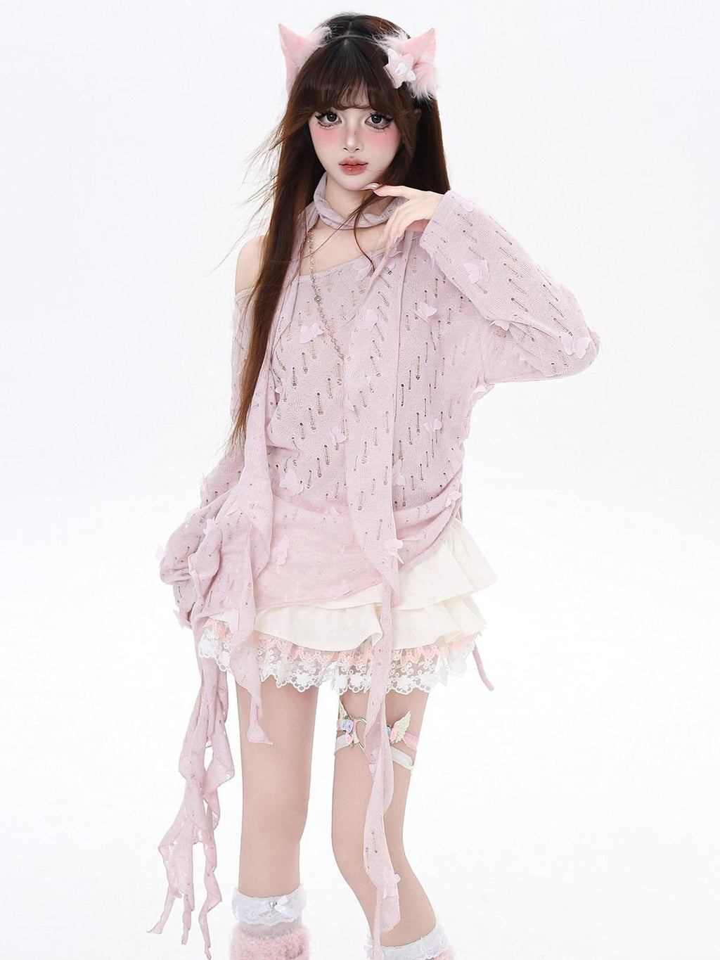 CRAZYGIRL Sakura Pink 3d Butterfly Knit Coverup Korean Women's Long Sleeve T-shirts