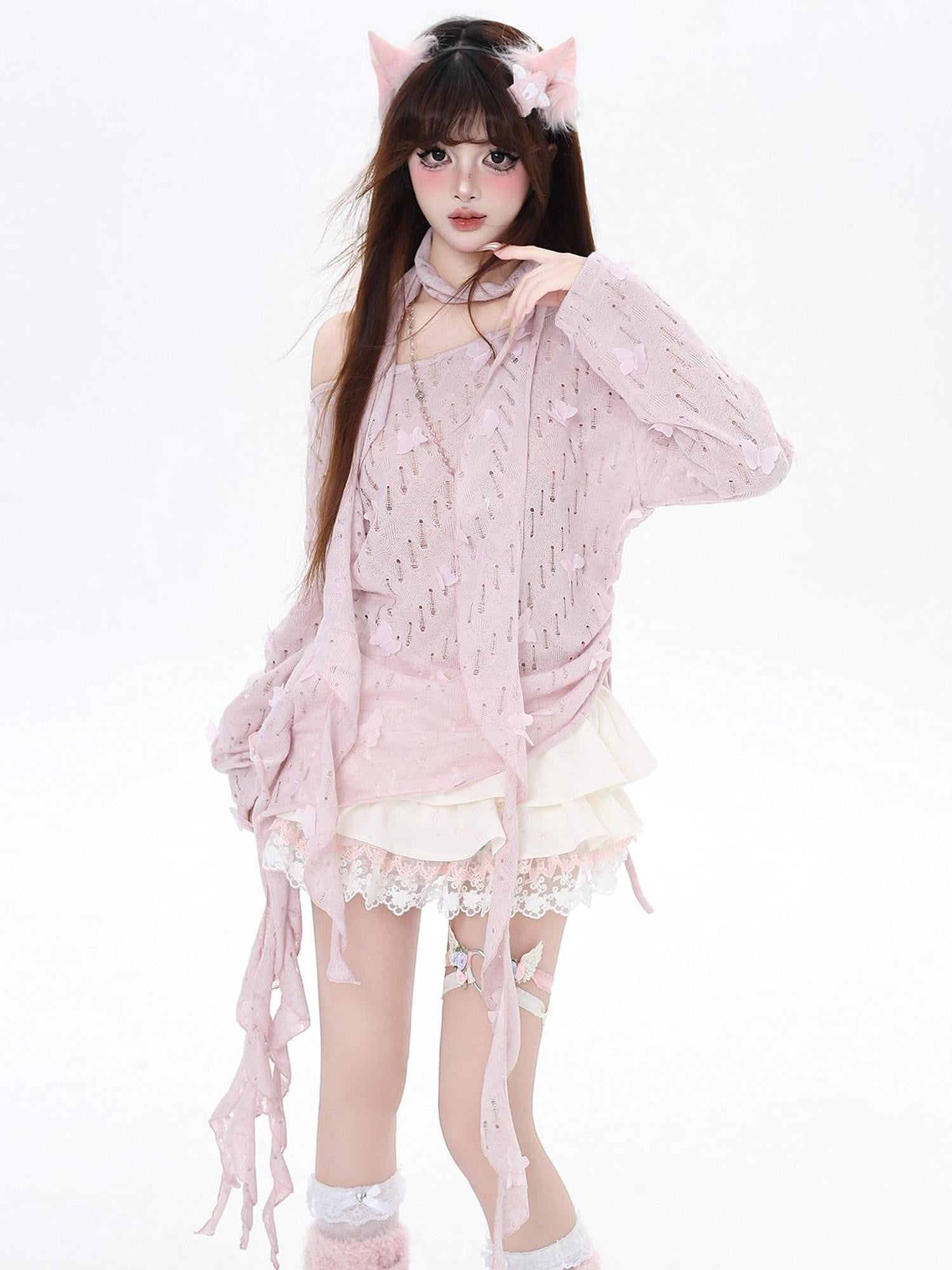 CRAZYGIRL Sakura Pink 3d Butterfly Knit Coverup Korean Women's Long Sleeve T-shirts