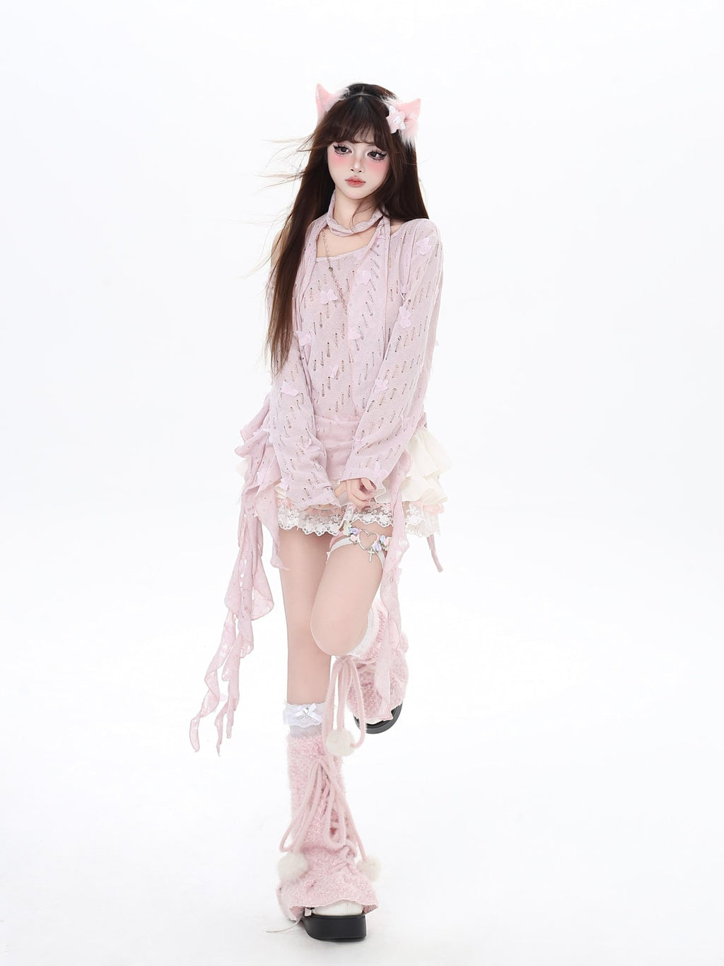CRAZYGIRL Sakura Pink 3d Butterfly Knit Coverup Korean Women's Long Sleeve T-shirts
