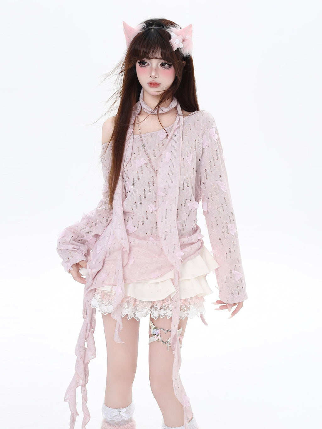 CRAZYGIRL Sakura Pink 3d Butterfly Knit Coverup Korean Women's Long Sleeve T-shirts