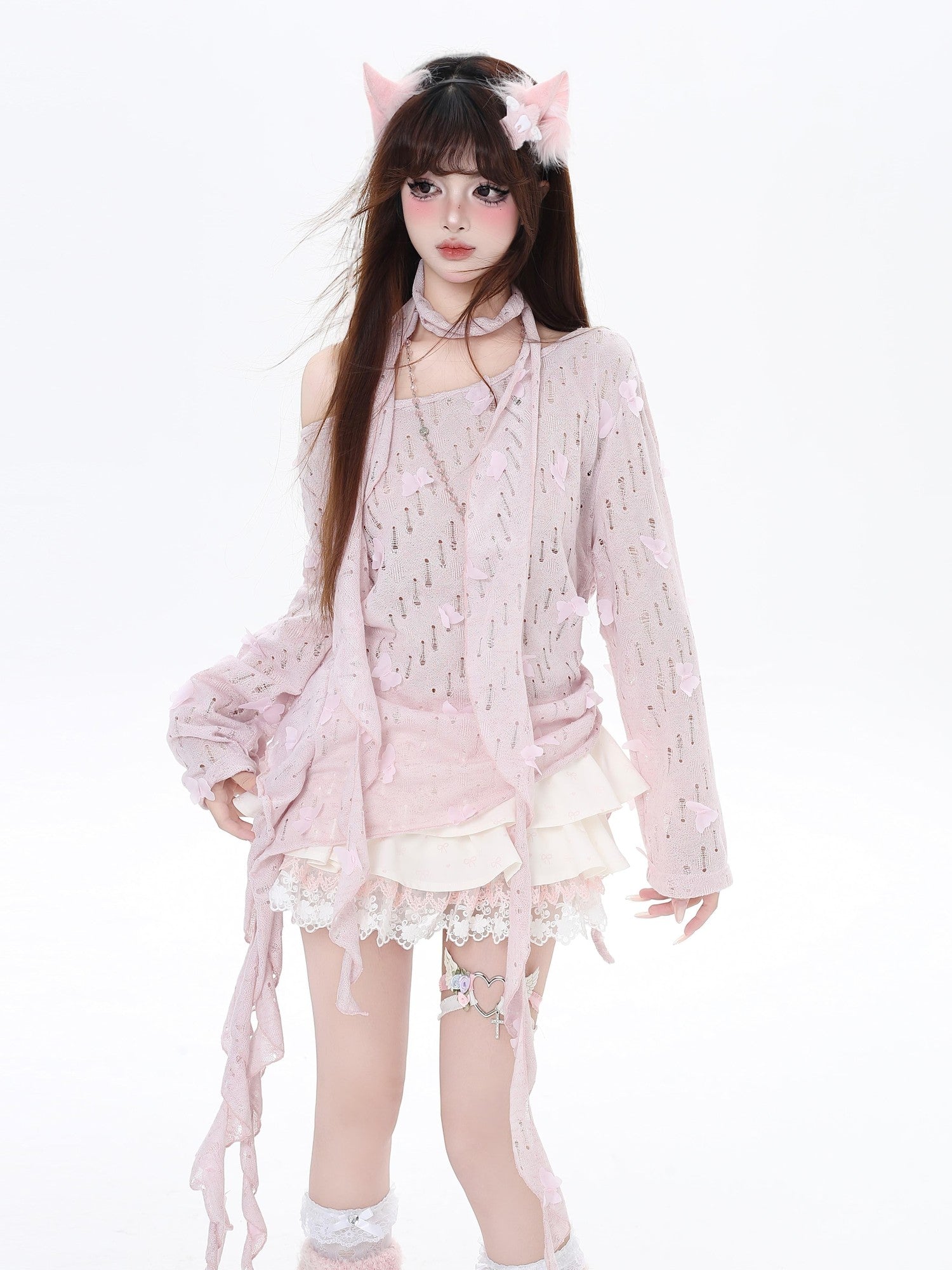 CRAZYGIRL Sakura Pink 3d Butterfly Knit Coverup Korean Women's Long Sleeve T-shirts