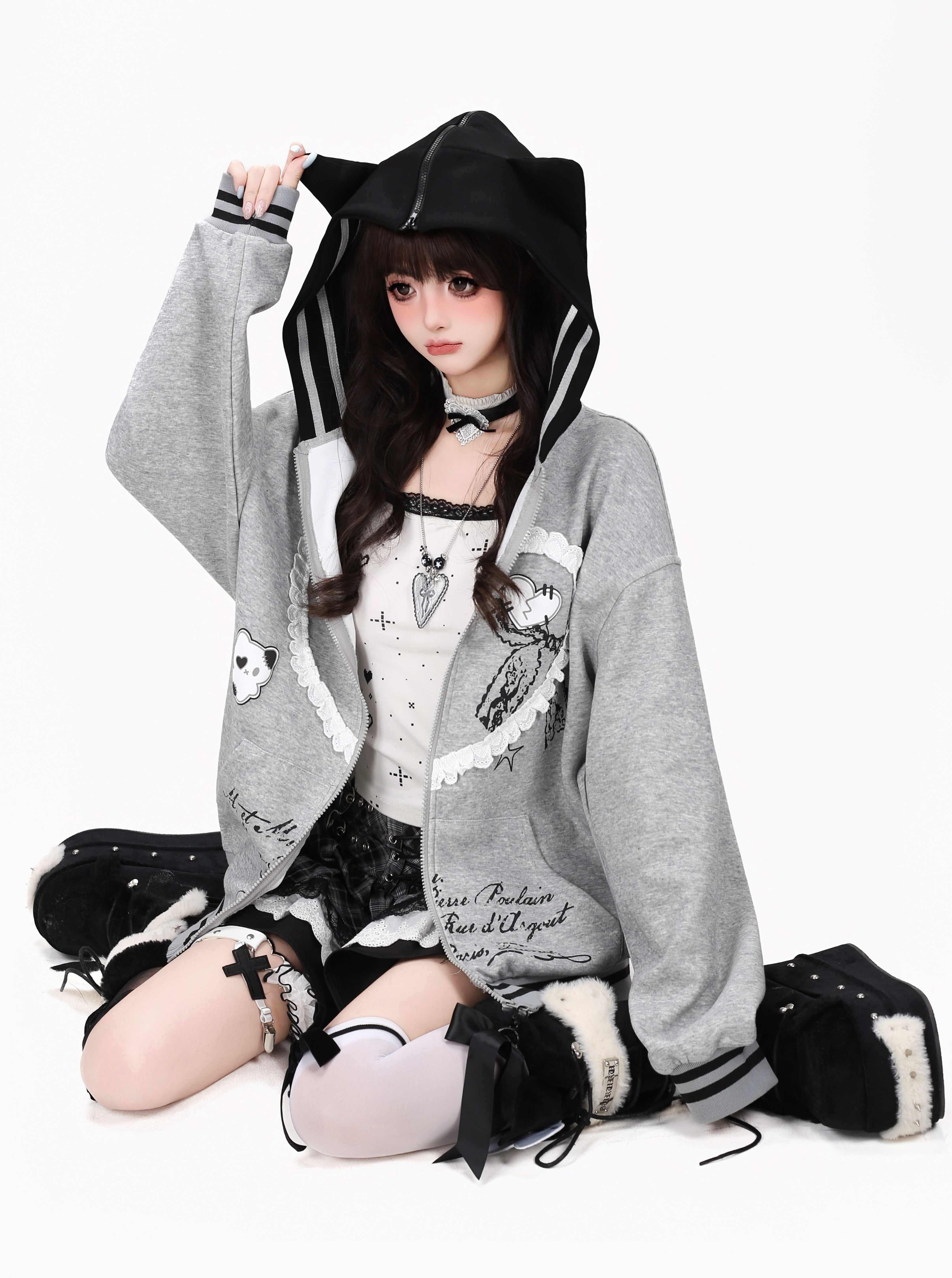 CRAZYGIRL_Scalloped_Cat_Ear_Lace_Bow_Zipper_Heart_Print_Loose_Women's_Hoodies_1066960111297_MISSTT