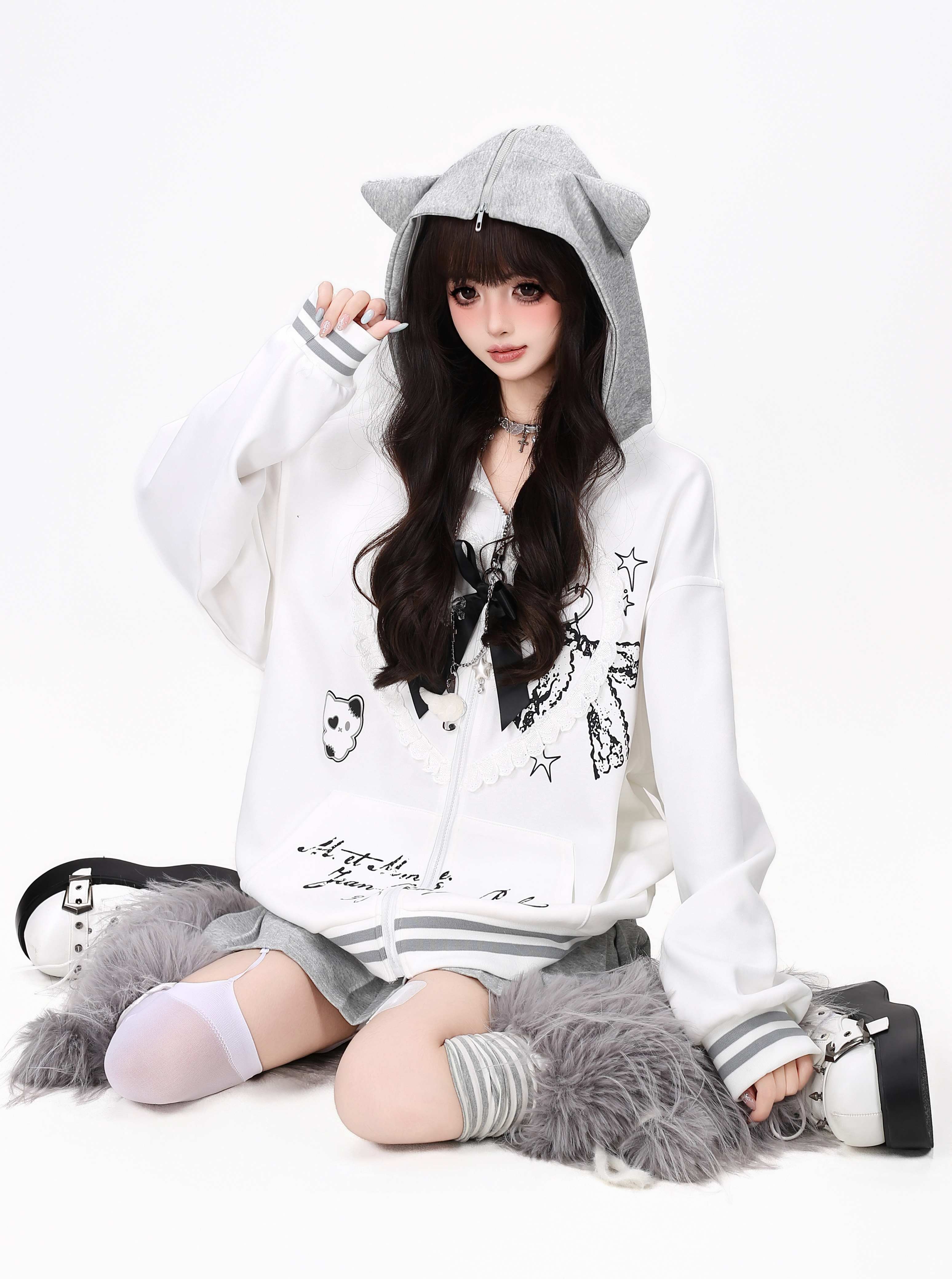 CRAZYGIRL_Scalloped_Cat_Ear_Lace_Bow_Zipper_Heart_Print_Loose_Women's_Hoodies_1066960111297_MISSTT