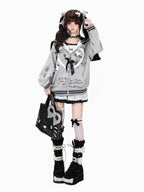 CRAZYGIRL Scalloped Cat Ear Lace Bow Zipper Heart Print Loose Women's Hoodies