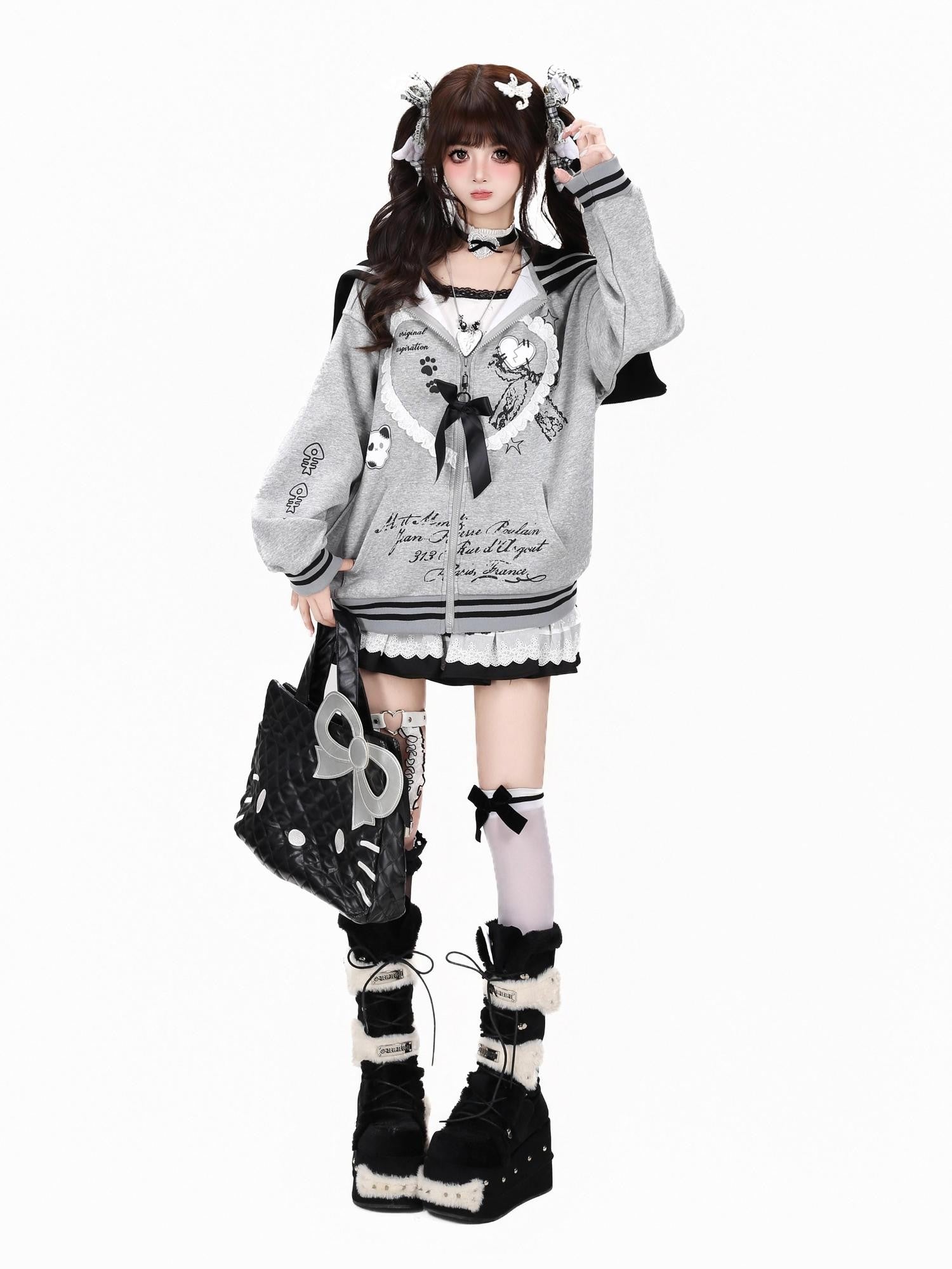CRAZYGIRL Scalloped Cat Ear Lace Bow Zipper Heart Print Loose Women's Hoodies