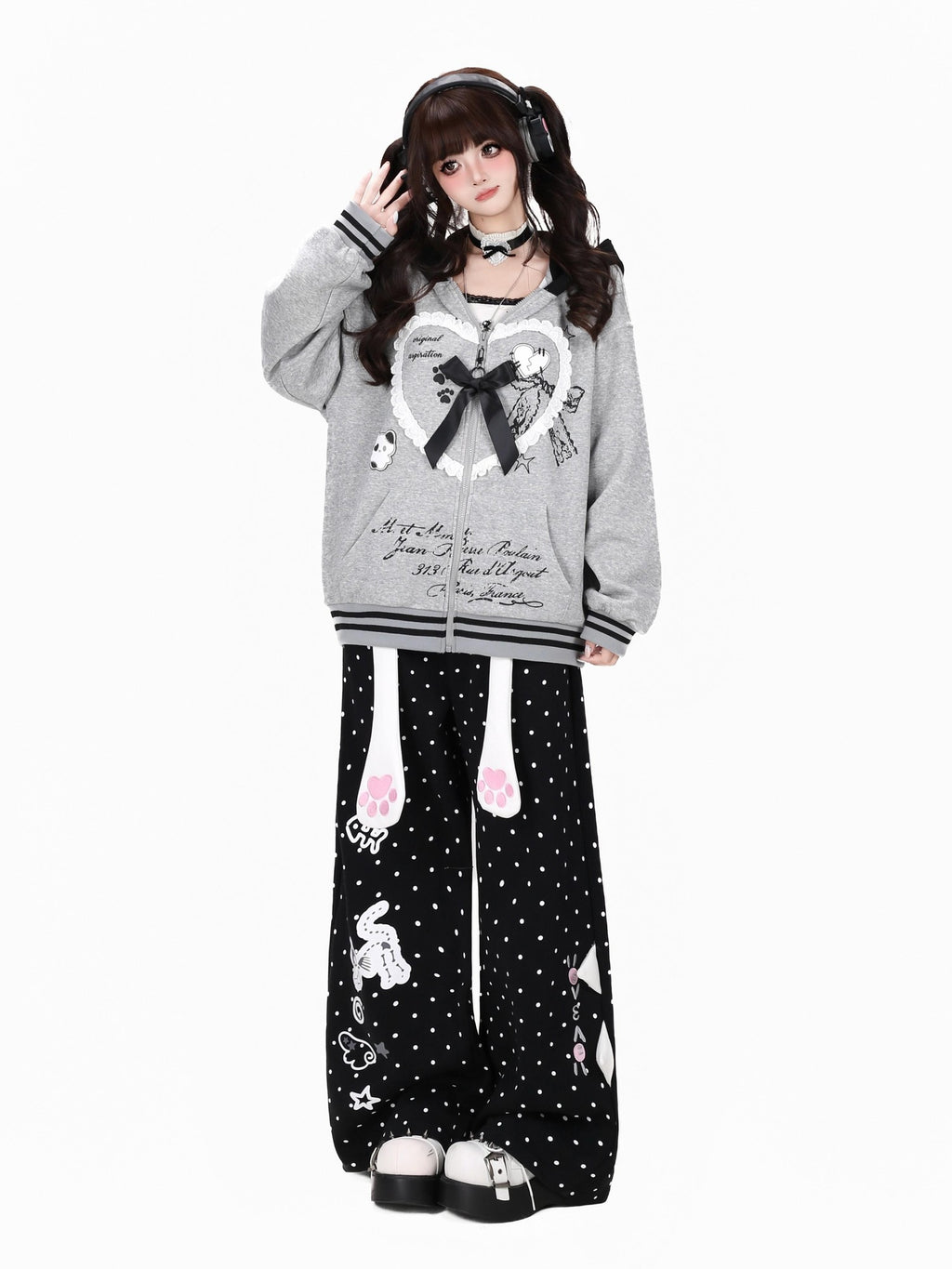 CRAZYGIRL Scalloped Cat Ear Lace Bow Zipper Heart Print Loose Women's Hoodies
