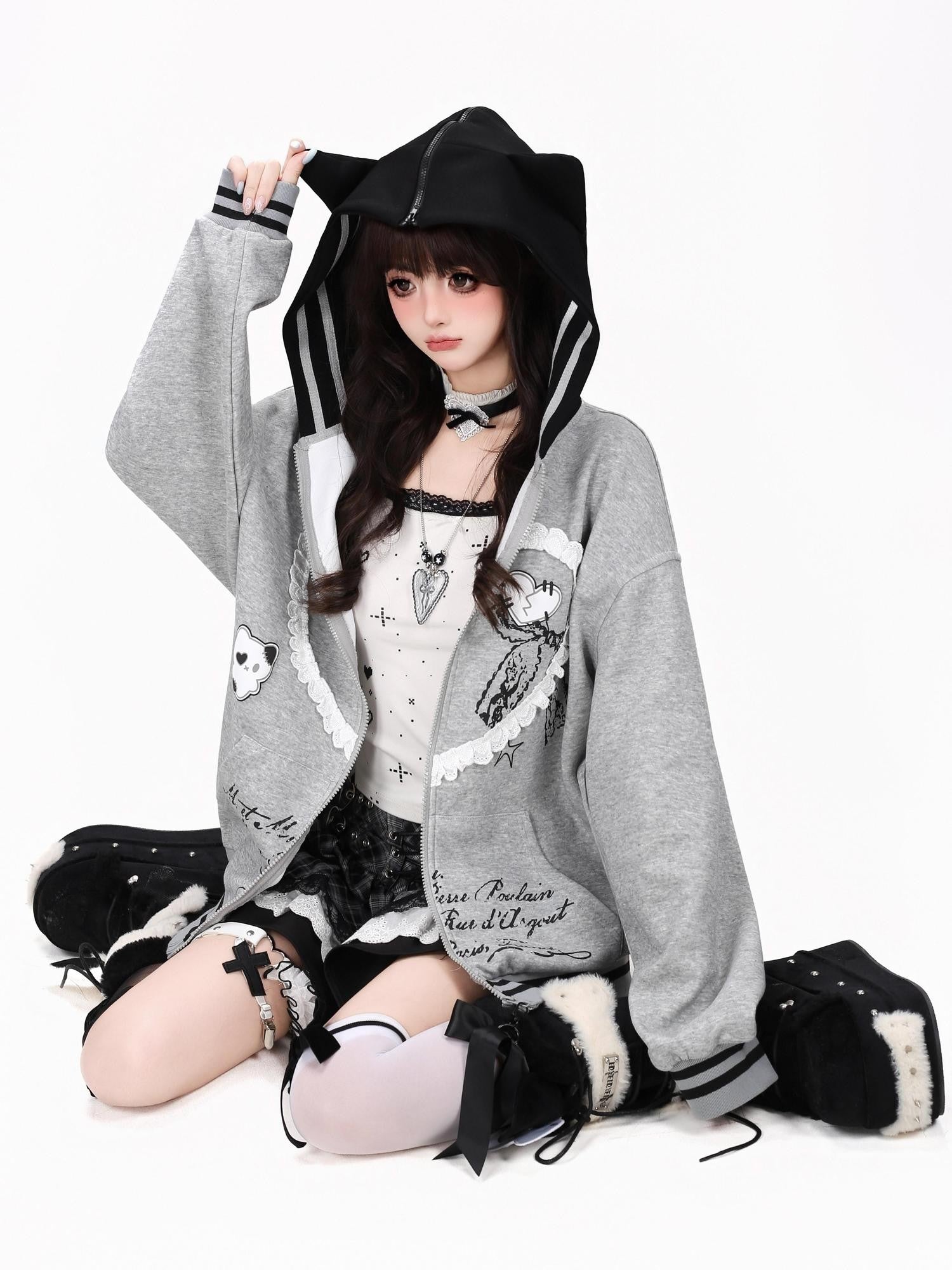 CRAZYGIRL Scalloped Cat Ear Lace Bow Zipper Heart Print Loose Women's Hoodies