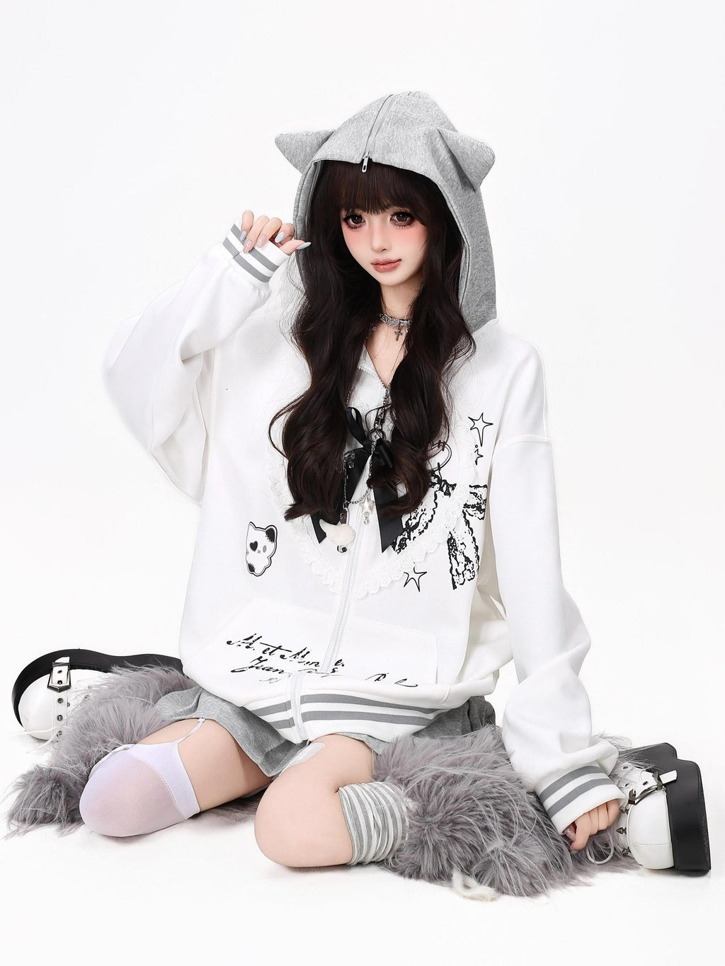 CRAZYGIRL Scalloped Cat Ear Lace Bow Zipper Heart Print Loose Women's Hoodies