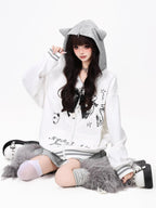 CRAZYGIRL Scalloped Cat Ear Lace Bow Zipper Heart Print Loose Women's Hoodies