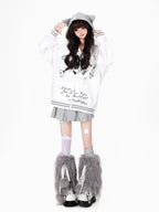 CRAZYGIRL Scalloped Cat Ear Lace Bow Zipper Heart Print Loose Women's Hoodies