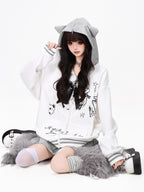 CRAZYGIRL Scalloped Cat Ear Lace Bow Zipper Heart Print Loose Women's Hoodies