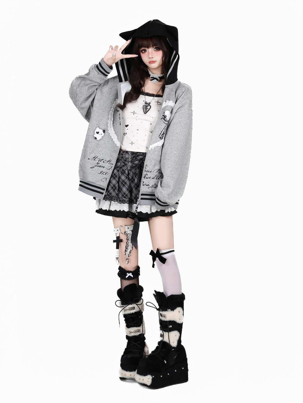 CRAZYGIRL Scalloped Cat Ear Lace Bow Zipper Heart Print Loose Women's Hoodies