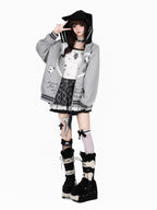 CRAZYGIRL Scalloped Cat Ear Lace Bow Zipper Heart Print Loose Women's Hoodies