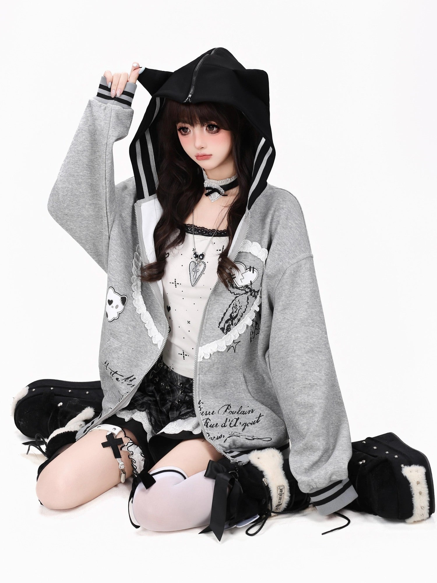 CRAZYGIRL Scalloped Cat Ear Lace Bow Zipper Heart Print Loose Women's Hoodies