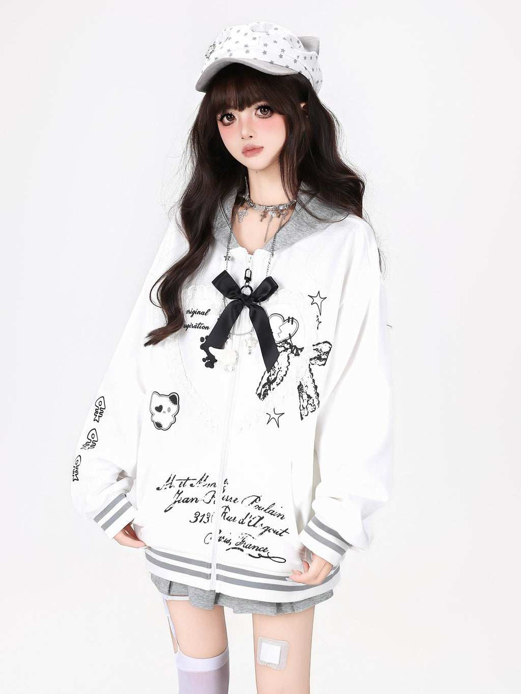 CRAZYGIRL Scalloped Cat Ear Lace Bow Zipper Heart Print Loose Women's Hoodies