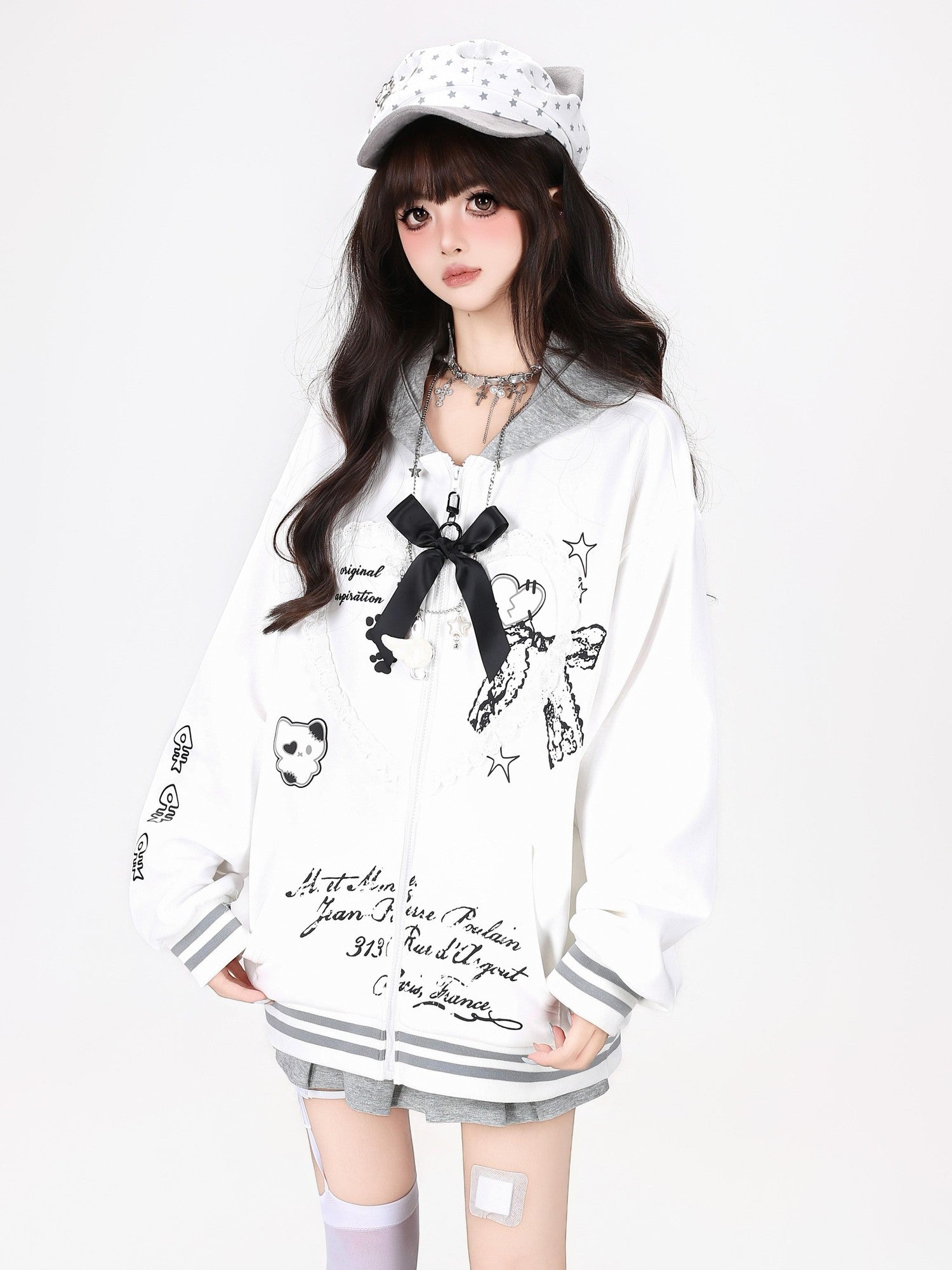 CRAZYGIRL Scalloped Cat Ear Lace Bow Zipper Heart Print Loose Women's Hoodies