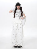 CRAZYGIRL Scattered Rhinestone Drawstring Slouchy Women's Other Material Wide-leg Pants
