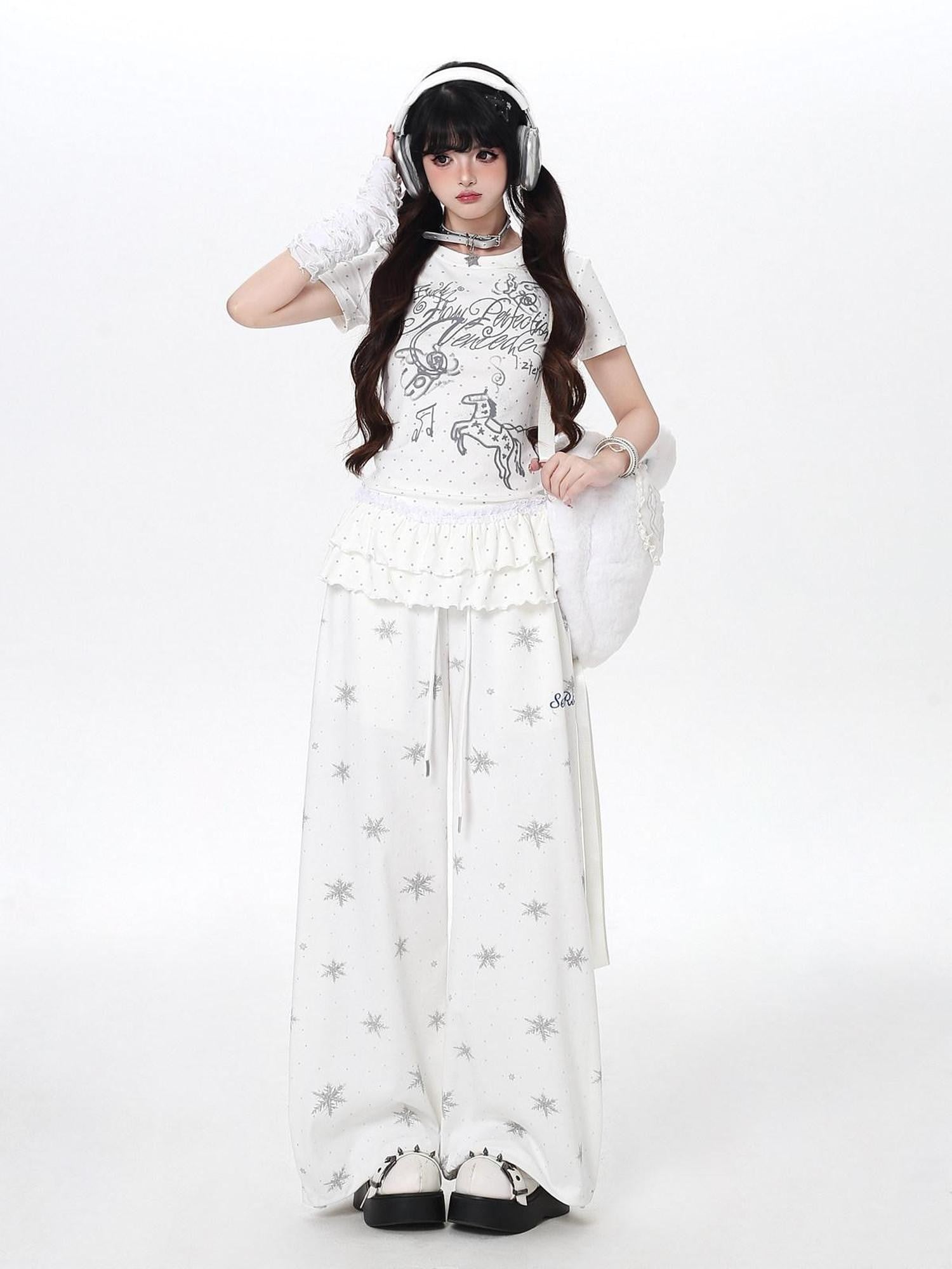 CRAZYGIRL Scattered Rhinestone Drawstring Slouchy Women's Other Material Wide-leg Pants