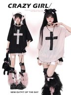 CRAZYGIRL Sheer Cross Patch Loose Subculture Sweet Cool Women's Short Sleeve T-shirts