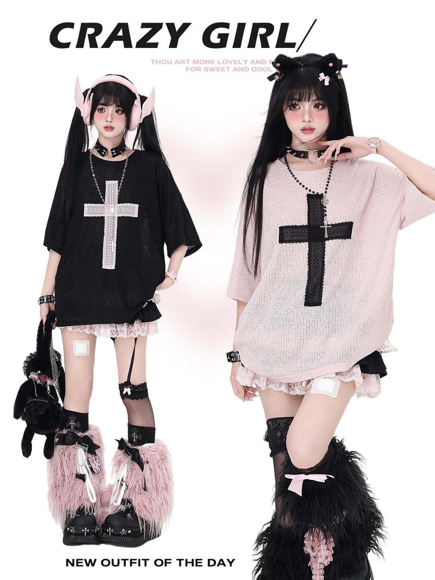 CRAZYGIRL Sheer Cross Patch Loose Subculture Sweet Cool Women's Short Sleeve T-shirts