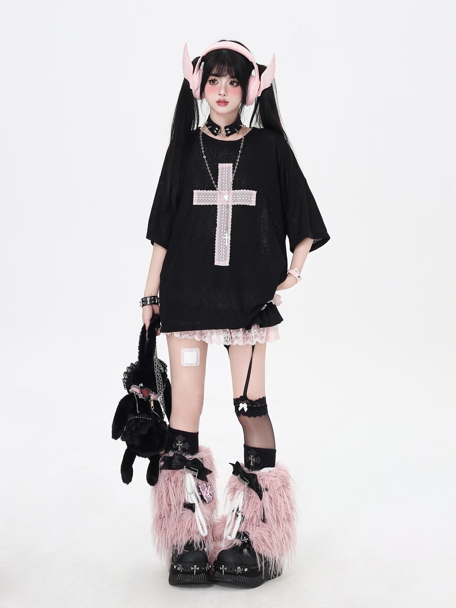 CRAZYGIRL Sheer Cross Patch Loose Subculture Sweet Cool Women's Short Sleeve T-shirts