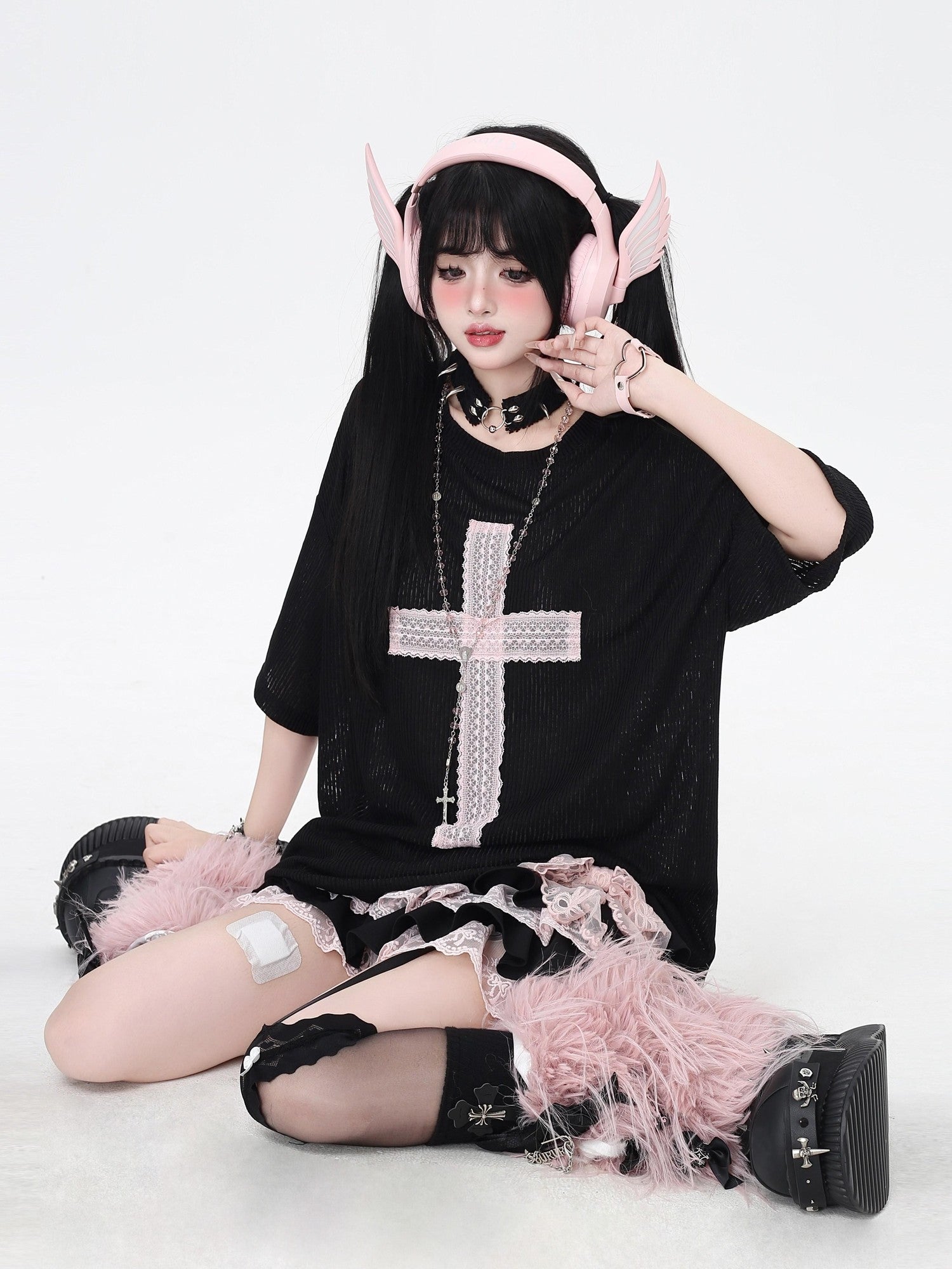 CRAZYGIRL Sheer Cross Patch Loose Subculture Sweet Cool Women's Short Sleeve T-shirts