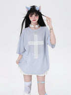 CRAZYGIRL Sheer Cross Patch Loose Subculture Sweet Cool Women's Short Sleeve T-shirts