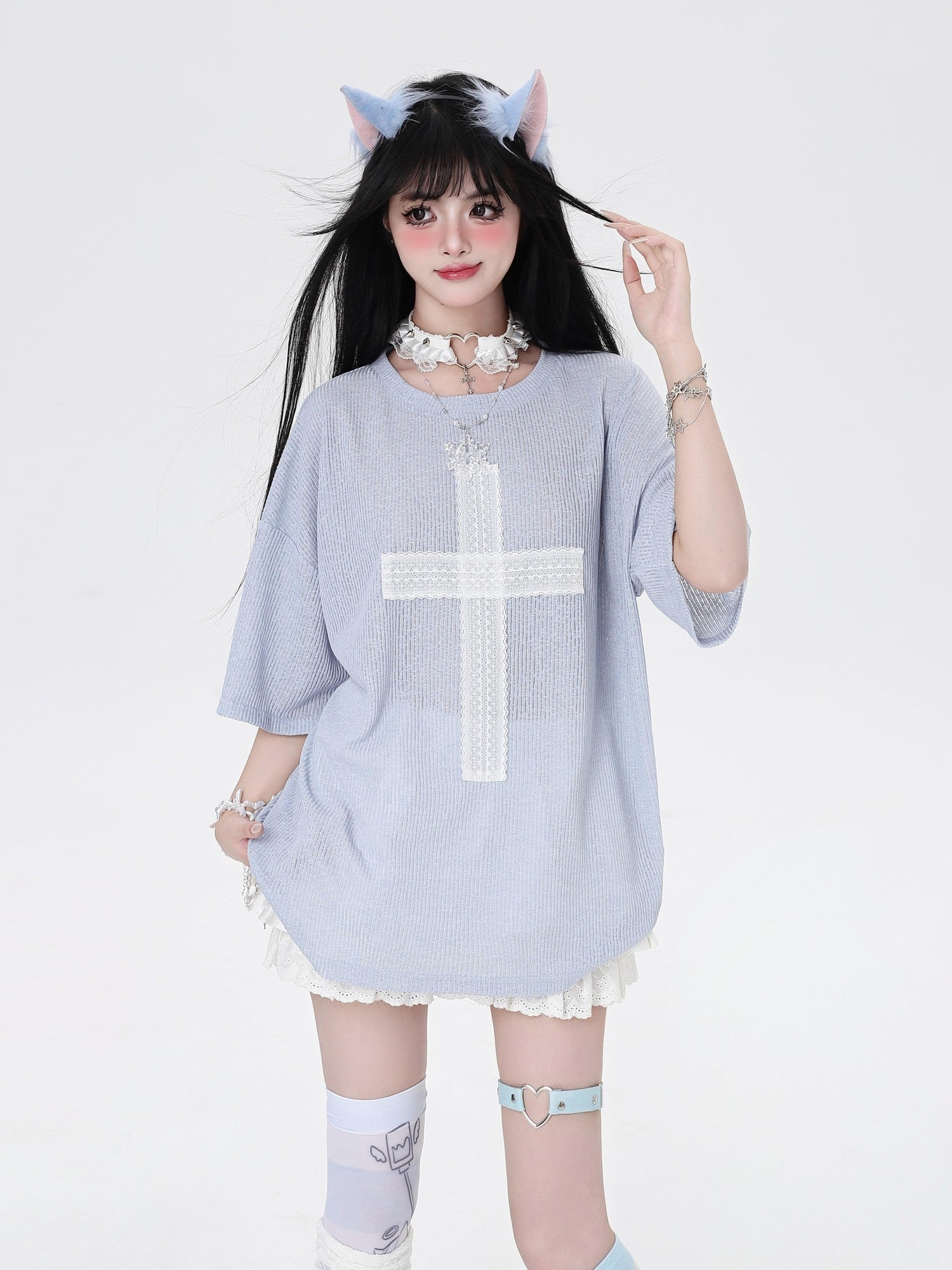 CRAZYGIRL Sheer Cross Patch Loose Subculture Sweet Cool Women's Short Sleeve T-shirts