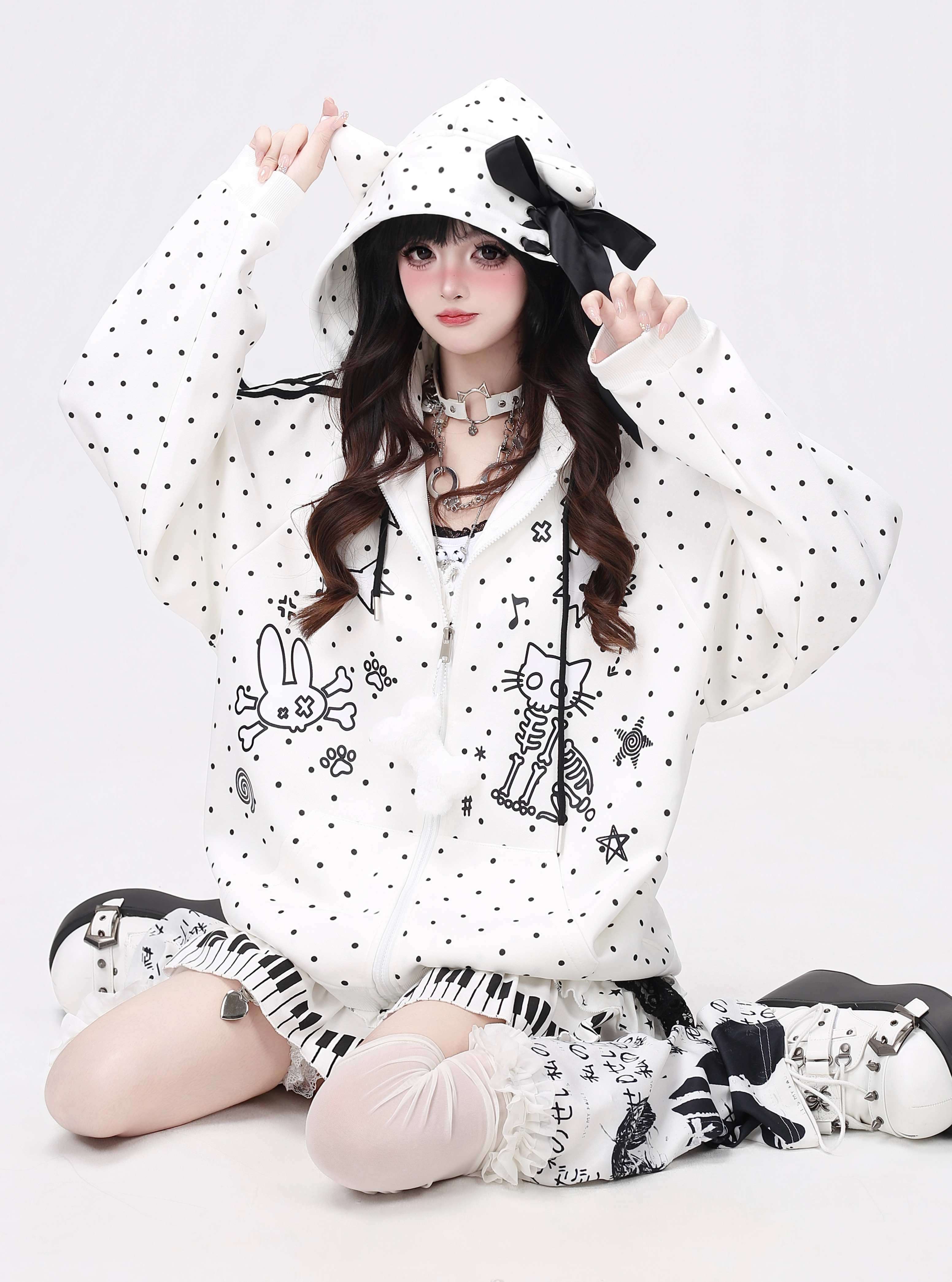 CRAZYGIRL_Skull_Kitty_Polka_Dot_Cat_Ear_Drawstring_Zipper_Loose_Women's_Hoodies_1073029813335_MISSTT