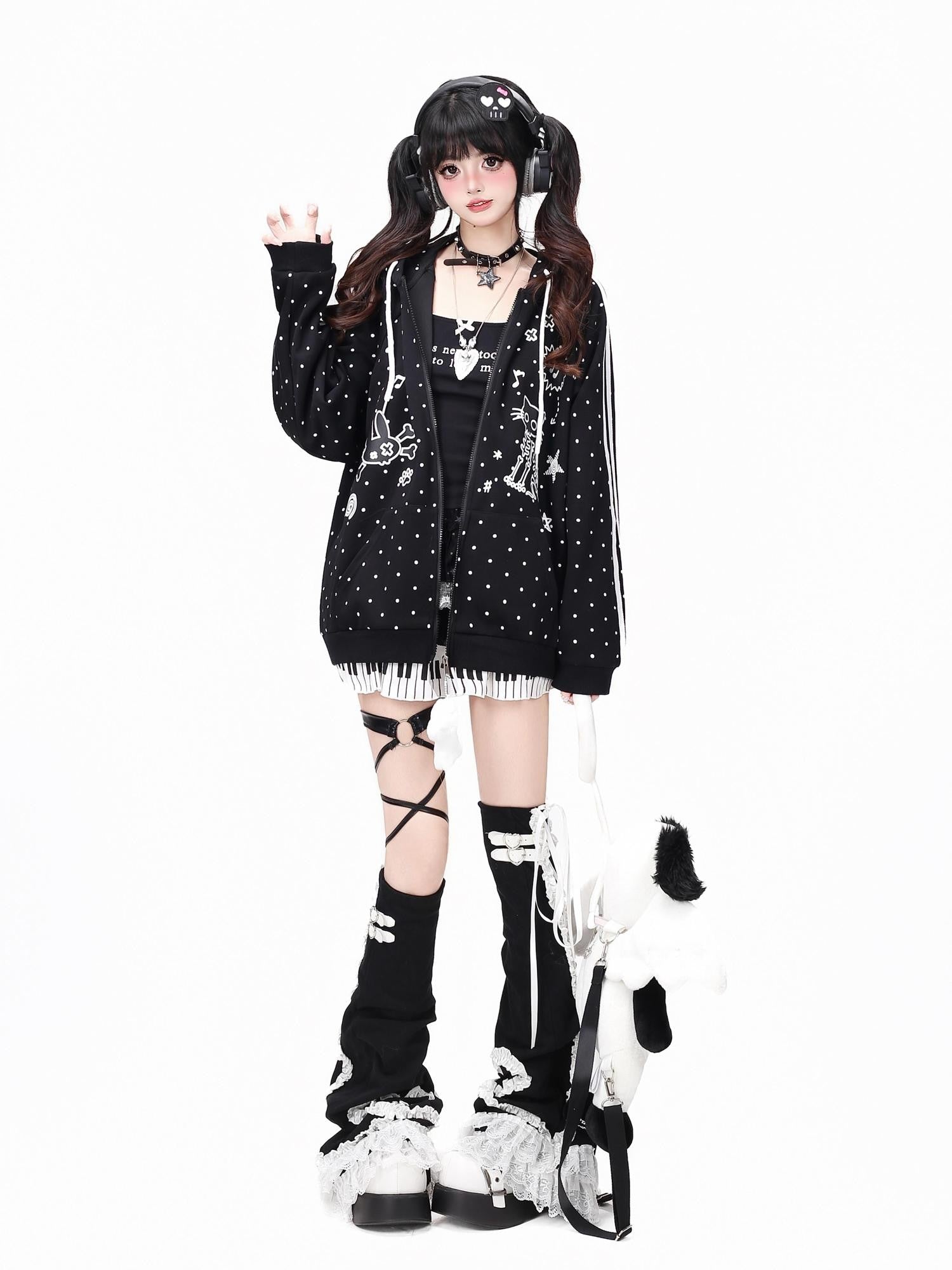 CRAZYGIRL Skull Kitty Polka Dot Cat Ear Drawstring Zipper Loose Women's Hoodies