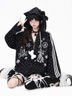 CRAZYGIRL Skull Kitty Polka Dot Cat Ear Drawstring Zipper Loose Women's Hoodies