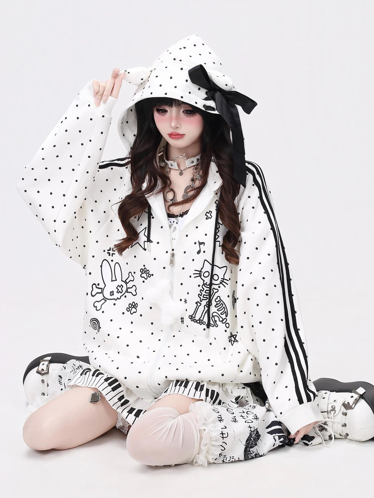 CRAZYGIRL Skull Kitty Polka Dot Cat Ear Drawstring Zipper Loose Women's Hoodies