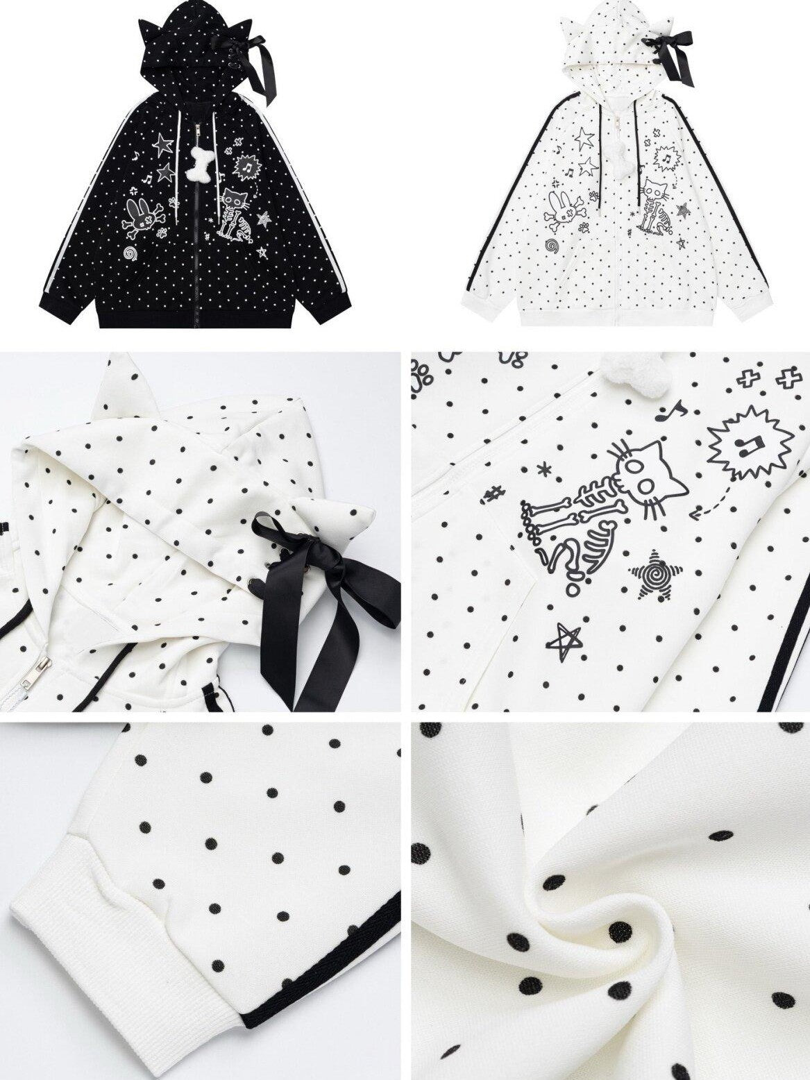 CRAZYGIRL Skull Kitty Polka Dot Cat Ear Drawstring Zipper Loose Women's Hoodies