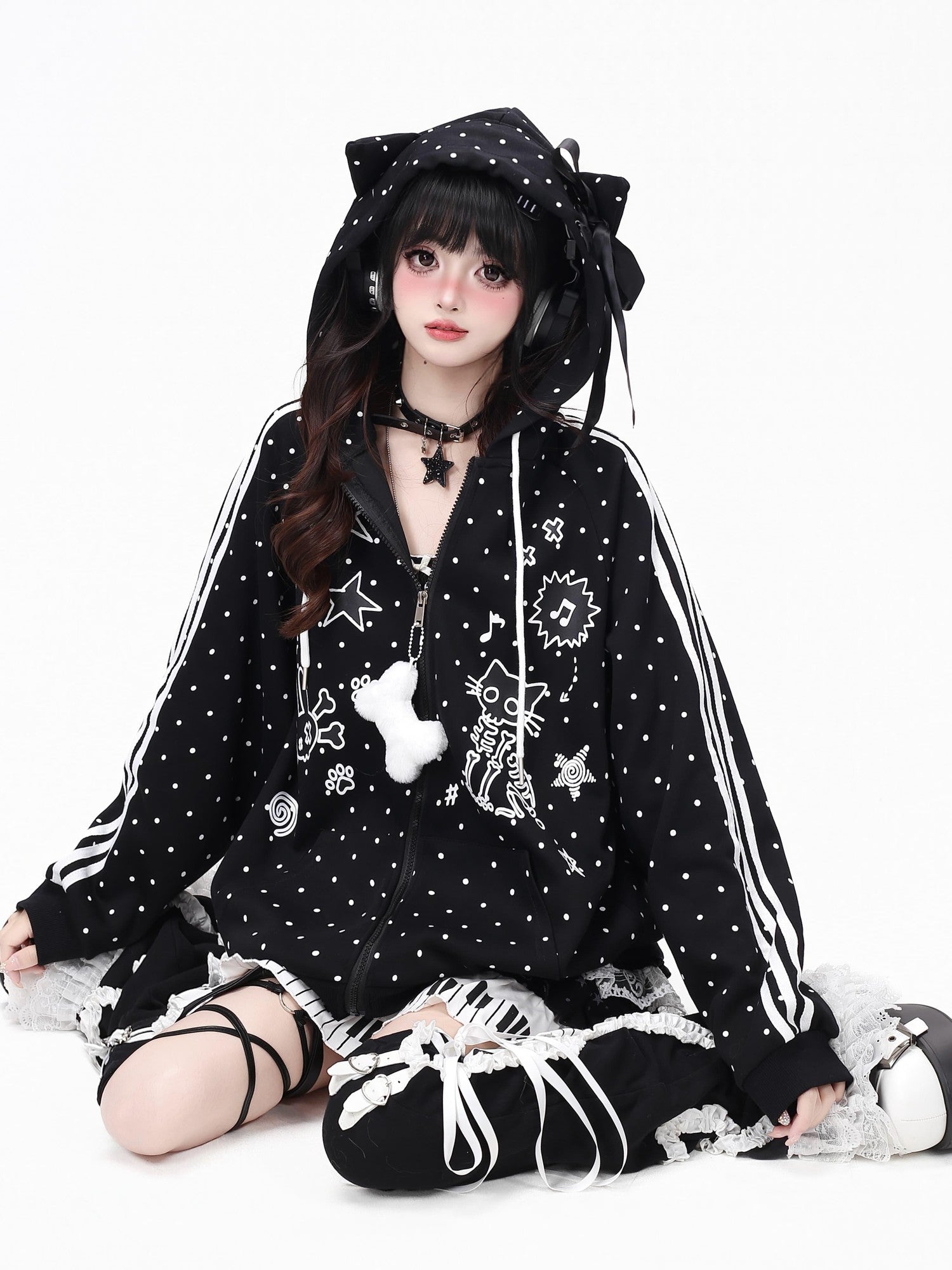 CRAZYGIRL Skull Kitty Polka Dot Cat Ear Drawstring Zipper Loose Women's Hoodies