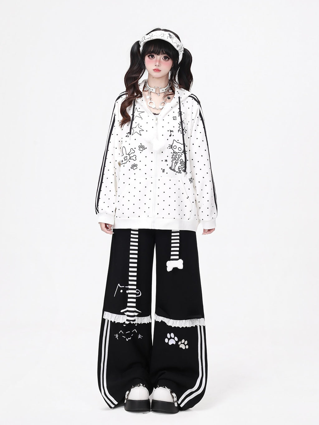 CRAZYGIRL Skull Kitty Polka Dot Cat Ear Drawstring Zipper Loose Women's Hoodies