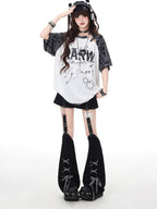CRAZYGIRL Star Distressed Patchwork Raglan Loose Women's Short Sleeve T-shirts