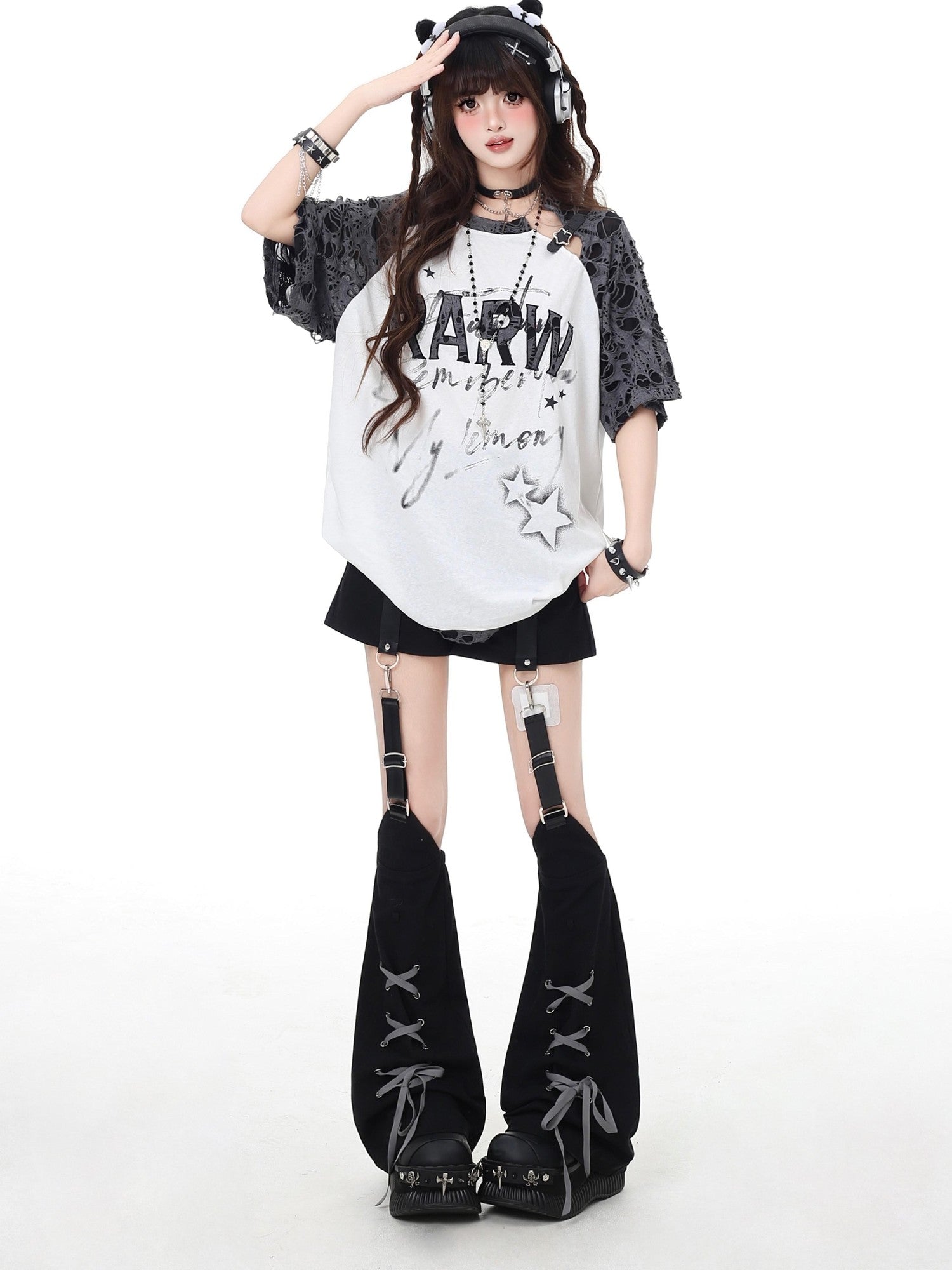 CRAZYGIRL Star Distressed Patchwork Raglan Loose Women's Short Sleeve T-shirts