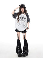 CRAZYGIRL Star Distressed Patchwork Raglan Loose Women's Short Sleeve T-shirts
