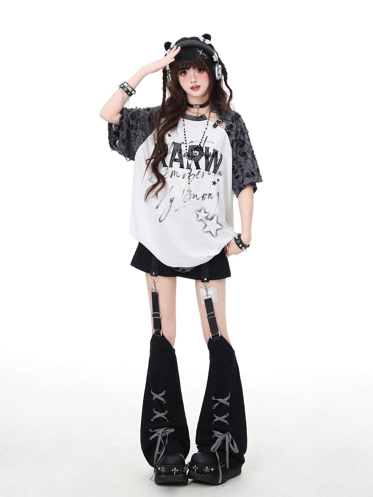 CRAZYGIRL Star Distressed Patchwork Raglan Loose Women's Short Sleeve T-shirts