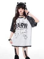 CRAZYGIRL Star Distressed Patchwork Raglan Loose Women's Short Sleeve T-shirts