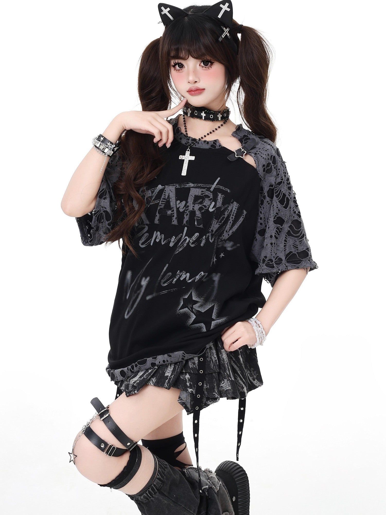 CRAZYGIRL Star Distressed Patchwork Raglan Loose Women's Short Sleeve T-shirts